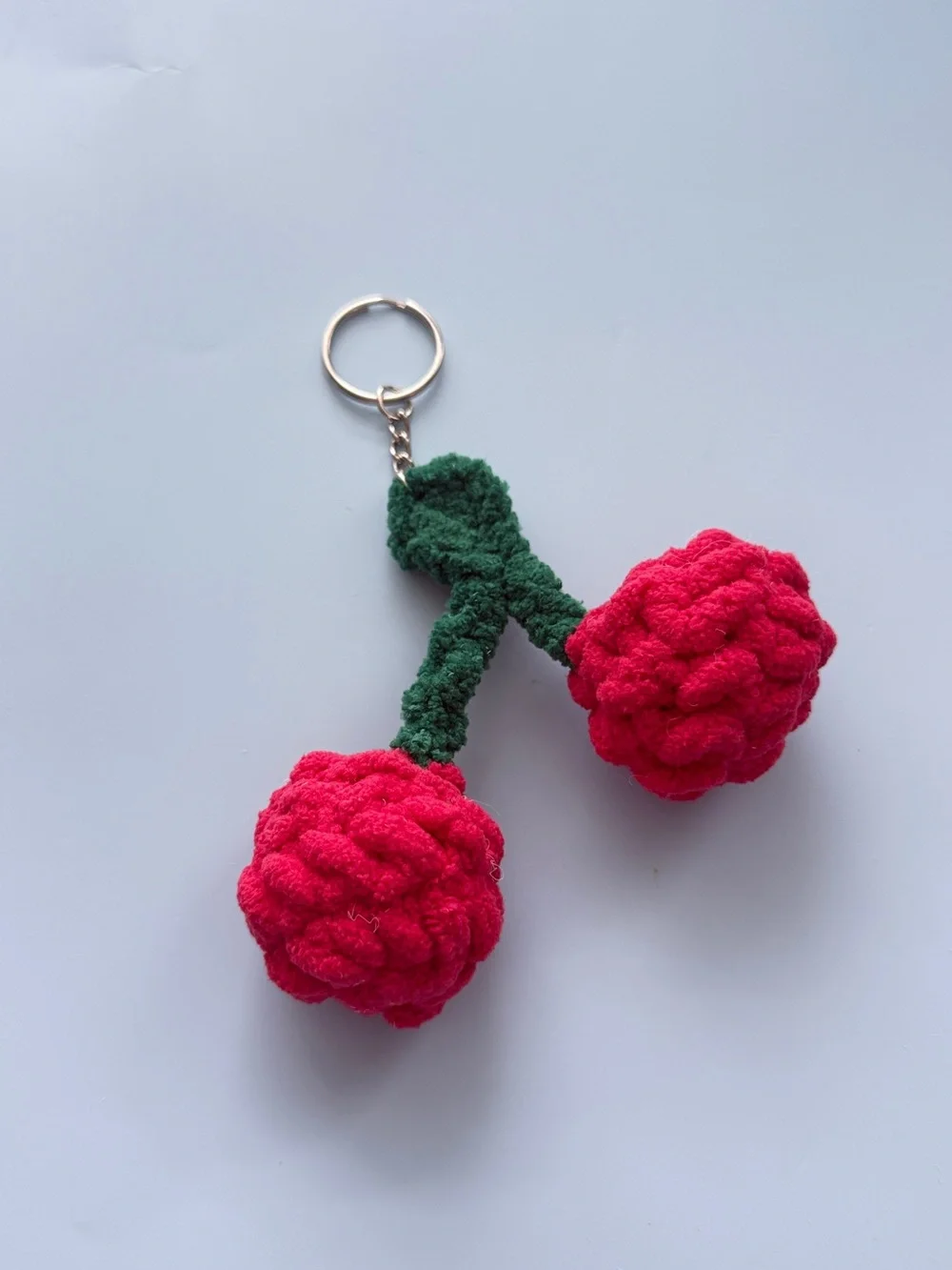 Handmade Crochet Cherry Keychain – Chenille Yarn Bag Charm